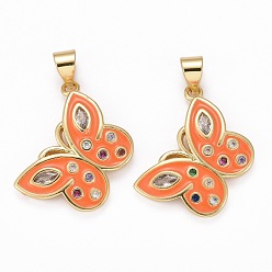 Orange Brass Micro Pave Clear Cubic Zirconia Pendants, with Enamel, Long-Lasting Plated, Real 18K Gold Plated, Butterfly, Orange, 15.5x19.5x2.5mm, Hole: 3x4mm