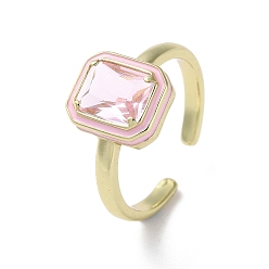 Pink Rack Plating Real 18k Gold Plated Brass Open Cuff Rings, Rectangle Cubic Zirconia Ring with Enamel, Lead Free & Cadmium Free, Pink, US Size 7 1/4(17.5mm)