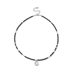 Black Onyx Clear Cubic Zirconia Moon Pendant Necklace with Natural Black Onyx Beaded Chains for Women, 16.02 inch(40.7cm), Pendant: 15x12x2mm