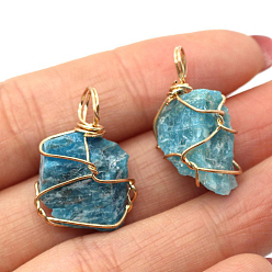 Apatite Raw Rough Natural Apatite Pendants, Nuggets Charms with Golden Plated Copper Wire Wrapped, 18~30x12~22mm