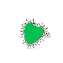 Lime Adjustable Enamel Heart Signet Ring, Platinum Brass Jewelry for Women, Lead Free & Cadmium Free, Lime, Inner Diameter: 17mm