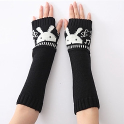 Black Polyacrylonitrile Fiber Yarn Knitting Long Fingerless Gloves, Arm Warmer, Winter Warm Gloves with Thumb Hole, Rabbit Pattern, Black & White, 320x80mm