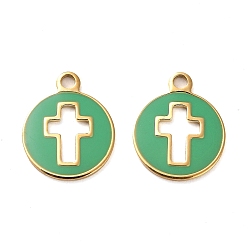 Real 14K Gold Plated 304 Stainless Steel Charms, with Enamel, Flat Round with Cross Charms, Real 14K Gold Plated, 14.5x12x1mm, Hole: 1.6mm