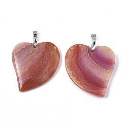 Light Salmon Natural Agate Pendants, with Platinum Plated Brass Pinch Bails, Dyed, Heart, Light Salmon, 45~46x40~43x5~8mm, Hole: 4x5mm