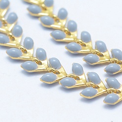 Light Steel Blue Brass Handmade Chains, Unwelded, with Enameled Cobs, Long-Lasting Plated, Leaf, Real 18K Gold Plated, Light Steel Blue, 6.5x6x0.5mm