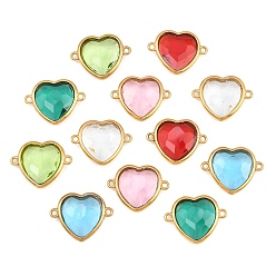 Mixed Color 304 Stainless Steel Glass Connector Charms, Heart Links, Ion Plating(IP), Real 18K Gold Plated, Mixed Color, 15x20x4mm, Hole: 1.3mm