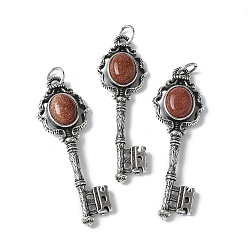 Камень с Пылевым Золотом Ключ латунный синтетический авантюрин большие подвески, с целью перехода в кольце, античное серебро, 55.5x16.5x5~6.5 мм, отверстие : 4.5 мм
