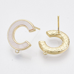 Real 18K Gold Plated Brass Stud Earring Findings, with Shell and Loop, Nickel Free, Letter C, Creamy White, Real 18K Gold Plated, 16.5x14mm, Hole: 0.9mm, Pin: 0.8mm