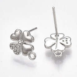 Real Platinum Plated Brass Cubic Zirconia Stud Earring Findings, with Loop, Clover, Clear, Nickel Free, Real Platinum Plated, 11.5x9mm, Hole: 1mm, Pin: 0.7mm