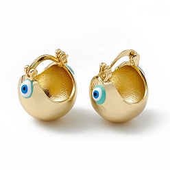 Turquoise Brass Enamel Evil Eye Half Hoop Earrings, Real 18K Gold Plated Chubby Hoop Earrings for Women Girls, Turquoise, 20x17.5x15.5mm, Pin: 1mm