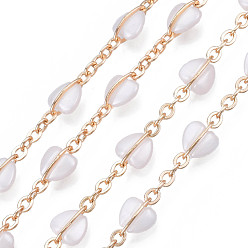 Creamy White Brass Cable Chains, with Acrylic Heart, Unwelded, Light Gold, Creamy White, 9x6.5x4mm