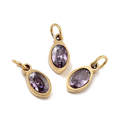 Medium Purple Vacuum Plating 304 Stainless Steel Pendants, with Cubic Zirconia and Jump Rings, Single Stone Charms, Oval, Golden, Medium Purple, 10x5x3mm, Hole: 3.4mm