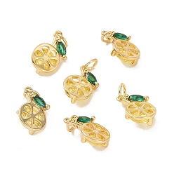 Real 18K Gold Plated Brass Micro Pave Cubic Zirconia Charms, with Jump Ring, Lemon, Yellow & Green, Real 18K Gold Plated, 11x7x3.5mm, Hole: 2.5mm