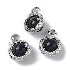 Синий Драгоценный Камень Синтетический синий авантюрин подвески, Луна прелести, с стеллаж металлизированный платины тон выводов латуни, 28.5x21x14 мм, отверстие : 4 мм