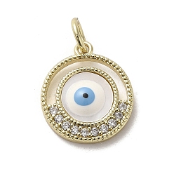 White Brass Micro Pave Cubic Zirconia Pendants, with Enamel, with Jump Ring, Real 18K Gold Plated, Flat Round with Evil Eye, White, 17.5x15x3mm, Hole: 3.8mm