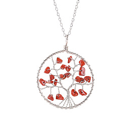 Red Jasper Natural Red Jasper Chips Beaded Tree of Life Pendant Necklaces, with Platinum Alloy Chains, 19.69 inch(50cm)