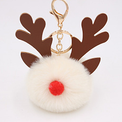 PapayaWhip Christmas Deer Antler Pom-Pom Keychain with Plush Elk Charm for Women's Handbag Gift