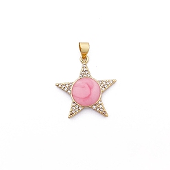 Pink Латунные микро проложить кубического циркония подвески, с эмалью, звезда, розовые, 23x23 мм, отверстие : 3 мм