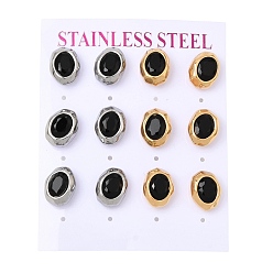 Black 6 Pairs 304 Stainless Steel Pave Cubic Zirconia Stud Earrings, Oval, PVD Vacuum Plating, Golden & Stainless Steel Color, Black, 12.5x10mm