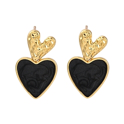 Черный Серьги-гвоздики из латуни в форме сердца с покрытием для женщин, с эмалью, без кадмия и без свинца, долговечный, реальный 18 k позолоченный, чёрные, 23x14 мм