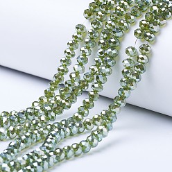 Olive Drab Electroplate Glass Beads Strands, Platinum Plated, Faceted, Rondelle, Olive Drab, 3x2mm, Hole: 0.8mm, about 150~155pcs/strand, 15~16 inch(38~40cm)