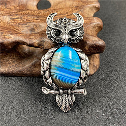 Blue Agate Брошь-булавка в виде совы из старинного серебряного сплава, с натуральным голубым агатом, 60x29 мм