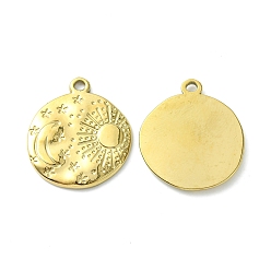 Real 14K Gold Plated 304 Stainless Steel Pendants, Flat Round with Sun & Moon, Real 14K Gold Plated, 23.5x21x2mm, Hole: 2mm