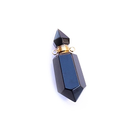 Obsidian Natural Obsidian Perfume Bottle Pendants, Golden, Faceted Bottle Charms, 41x15mm