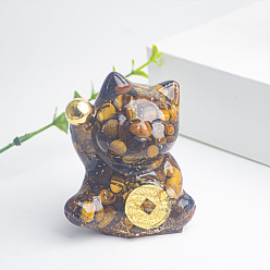 Tiger Eye Resin Fortune Cat Display Decoration, with Natural Tiger Eye Chips inside Statues for Home Office Decorations, 55x40x60mm