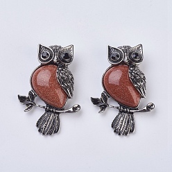 Goldstone Gemstone Pendant, with Alloy Findings, and Rhinestone, Owl, 50x35x7.5~9mm, Hole: 5x8mm