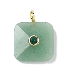 Зеленый Авантюрин Граненые подвески из натурального зеленого авантюрина, Квадратные подвески с латунным покрытием, инкрустированные кубическим цирконием., золотые, 33~34x25~25.5x7~8 мм, отверстие : 4 мм
