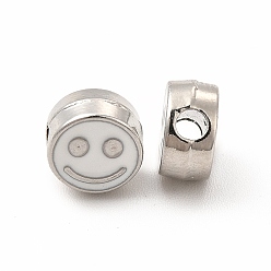 White Rack Plating Alloy Enamel Beads, Cadmium Free & Nickel Free & Lead Free, Flat Round with Smiling Face Pattern, Platinum, White, 7.5x4mm, Hole: 2mm
