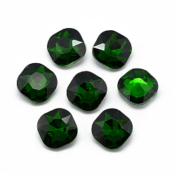 Green Pointed Back Glass Rhinestone Cabochons, Faceted, Back Plated, Square, Green, 12x12x5mm