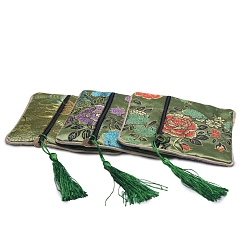 Olive Drab Floral Print Polyester Jewelry Storage Zipper Pouches, with Tassels, Square, Olive Drab, 12x12cm