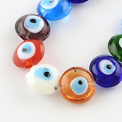 Mixed Color Flat Round Evil Eye Lampwork Bead Strands, Mixed Color, 15~16x8~9mm, Hole: 2mm, about 24pcs/strand, 13.7 inch