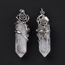 Quartz Crystal Natural Quartz Crystal Pointed Big Pendants, with Antique Silver Tone Rose Alloy Findings, Cadmium Free & Lead Free, Faceted, Bullet Charm, 48~50x16mm, Hole: 7x5mm