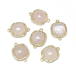 Rose Quartz Natural Rose Quartz Links connectors, with Golden Tone Brass Findings and Cubic Zirconia, Faceted, Square, Clear, 18.5~19x13.5x4.5mm, Hole: 1.6mm