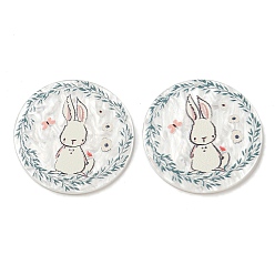White Opaque Acrylic Pendants, Flat Round with Rabbit, White, 37.5x2.5mm, Hole: 1.6mm