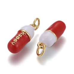 Real 18K Gold Plated Brass Enamel Pendants, with Jump Rings, Long-Lasting Plated, Pill Bar Shape with Word Happy, Red, Real 18K Gold Plated, 17x6mm, Hole: 3mm