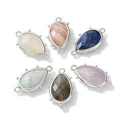 Mixed Stone Natural Mixed Stone Connector Charms, with Platinum Plated Brass Edge Loops, Faceted, Teardrop, 24x14.5x5mm, Hole: 1.2mm & 1.4mm