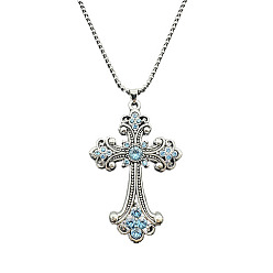 Sky Blue Alloy Pendant Necklaces, Cross fleury, Sky Blue, 19.69 inch(50cm)