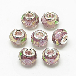 Old Rose Handmade Gold Sand Lampwork European Beads, with Brass Double Cores, Large Hole Beads, Rondelle, Platinum, Old Rose, 13.5~14.5x10.5~11mm, Hole: 5mm