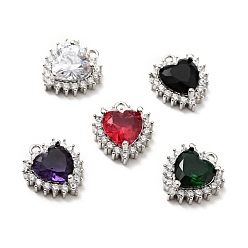 Mixed Color Brass Micro Pave Cubic Zirconia Charms, Cadmium Free & Lead Free, Platinum, Heart, Mixed Color, 14x12x5mm, Hole: 1mm