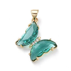 Teal Brass Micro Pave Clear Cubic Zirconia Pendants, with Glass, Butterfly, Golden, Teal, 24x21.5x4mm