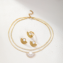 White Fan Shape Golden Stainless Steel Jewelry Set, Stud Earrings & Adjustable Ring & Herringbone Chains Double Layer Necklace, White, 450mm, Inner Diameter: 16~18mm, 20x26mm