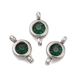 Emerald 304 Stainless Steel Single Rhinestone Connector Charms, Flat Round Links, Stainless Steel Color, Emerald, 12x6.5x4mm, Hole: 2mm