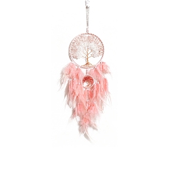 Rose Quartz Iron & Natural Rose Quartz Woven Web/Net with Feather Pendant Decorations, Flat Round with Tree of Life, Packaging: 320x180mm