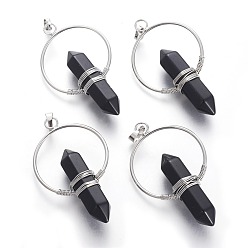 Obsidian Natural Obsidian Big Double Terminated Pointed Pendants, with Brass Findings, Bullet, Platinum, 57.5~59x33.2~34x12~12.5mm, Hole: 7.5~8x5mm