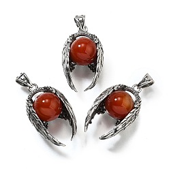 Красный Агат Натуральные сердолики (окрашенные и нагретые) круглые подвески, антикварные посеребренные латунные подвески в виде крыльев ангела, стойки покрытие, без свинца и без кадмия, 31~32x17.5~19x12.5~14 мм, отверстие : 5.5x3.5 мм