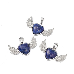 Lapis Lazuli Natural Lapis Lazuli Pendants, Heart Charms with Wing, with Platinum Tone Brass Findings, 22x37.5x7mm, Hole: 7.5x5mm